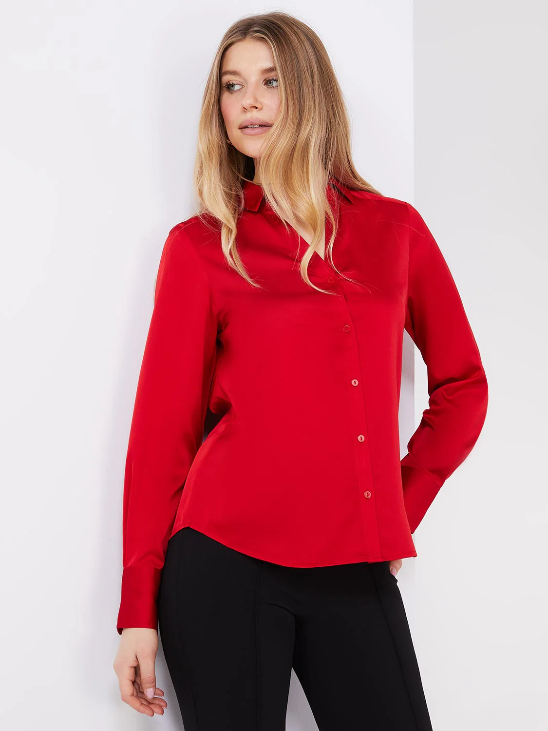 Satin Split Neck Button-Front Blouse