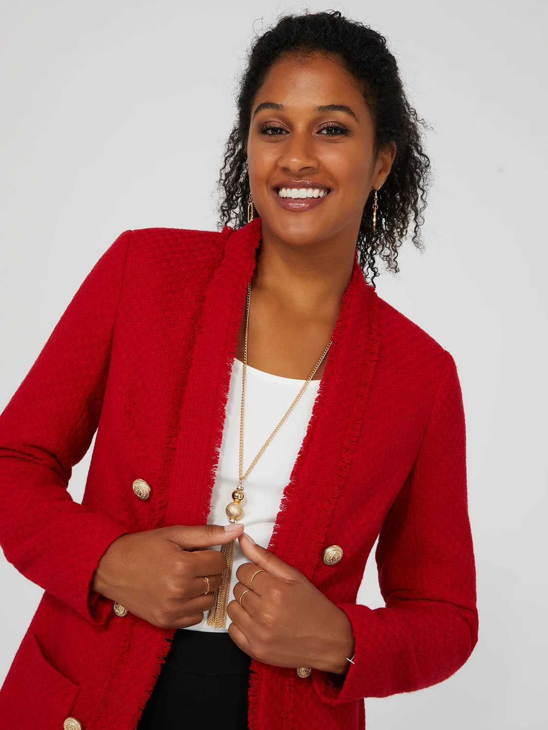 Long Open Boucle Blazer With Fringe Lapels