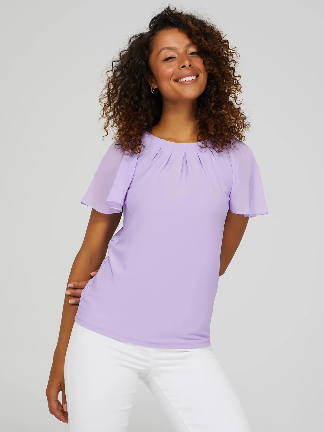 Pleated Crew Neck Top With Chiffon Flutter Sleeves