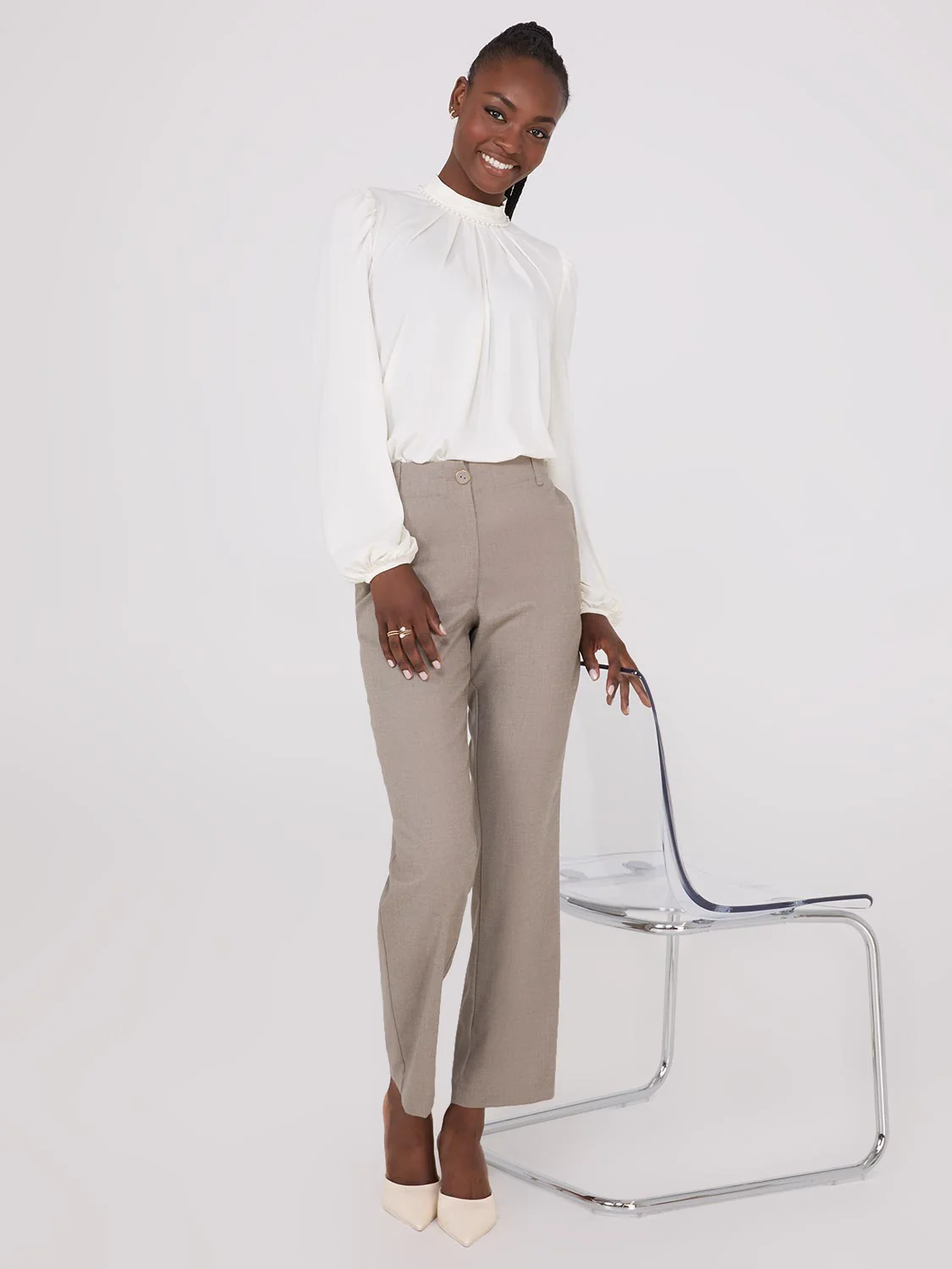 Textured Mock Neck Top With Pearl Details