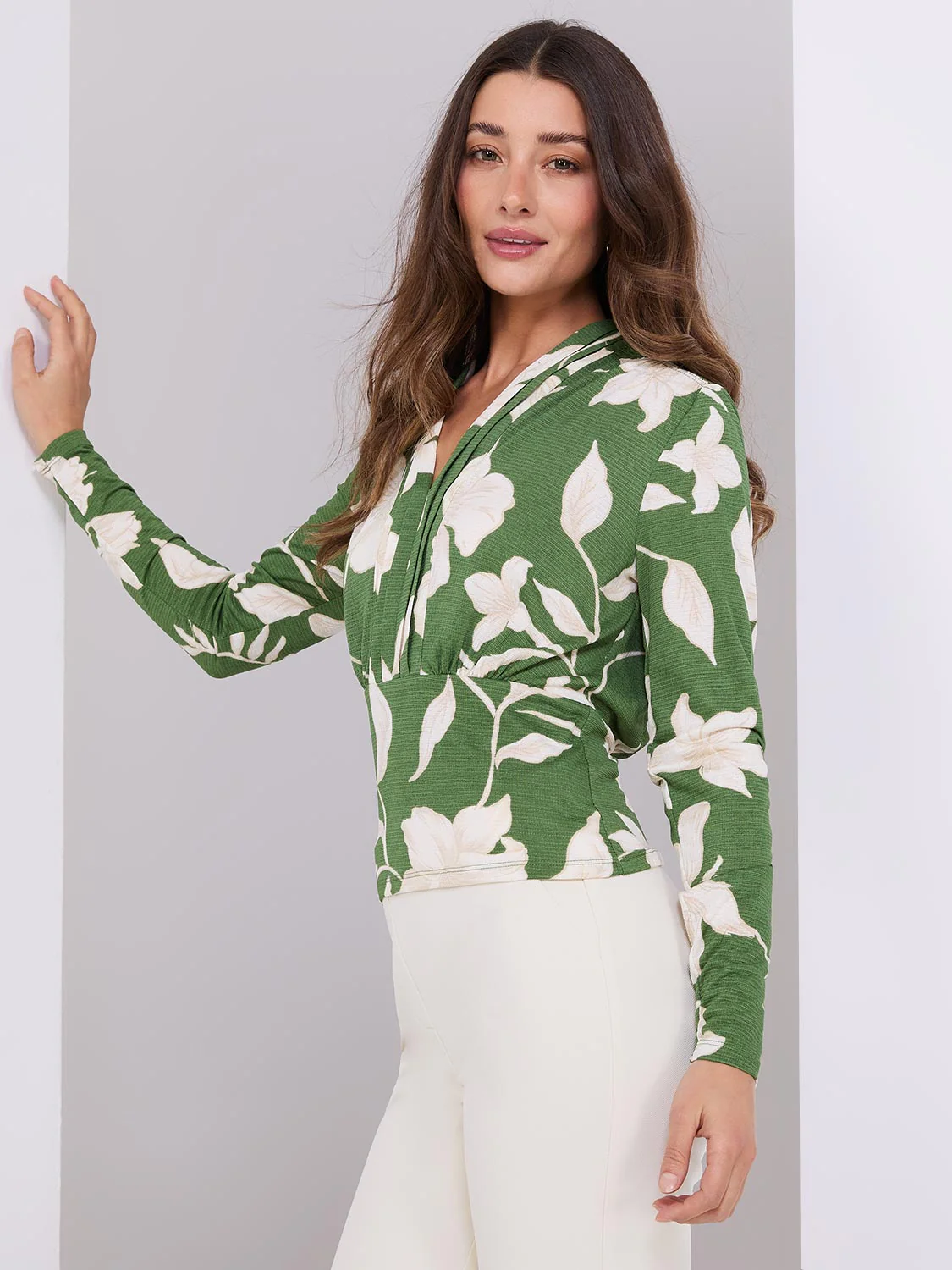 Textured Floral Print Pleated V-Neck Top