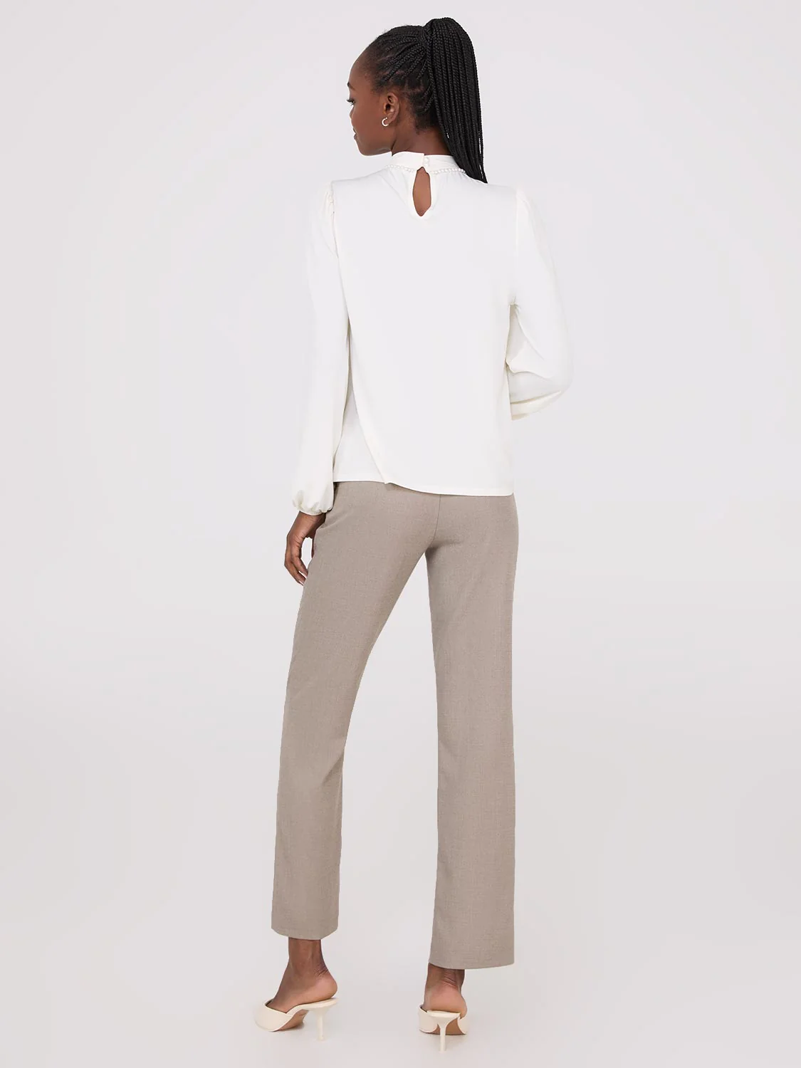 Textured Mock Neck Top With Pearl Details