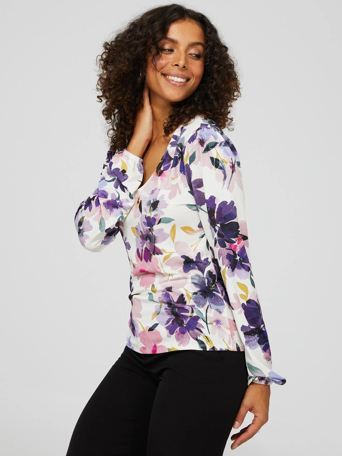 Floral Long Balloon Sleeve Top