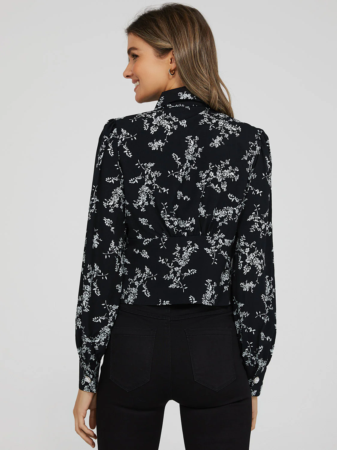 Printed Jewel Button Tie Neck Blouse