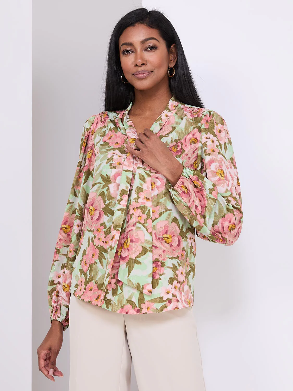 Printed Popover Bow Blouse