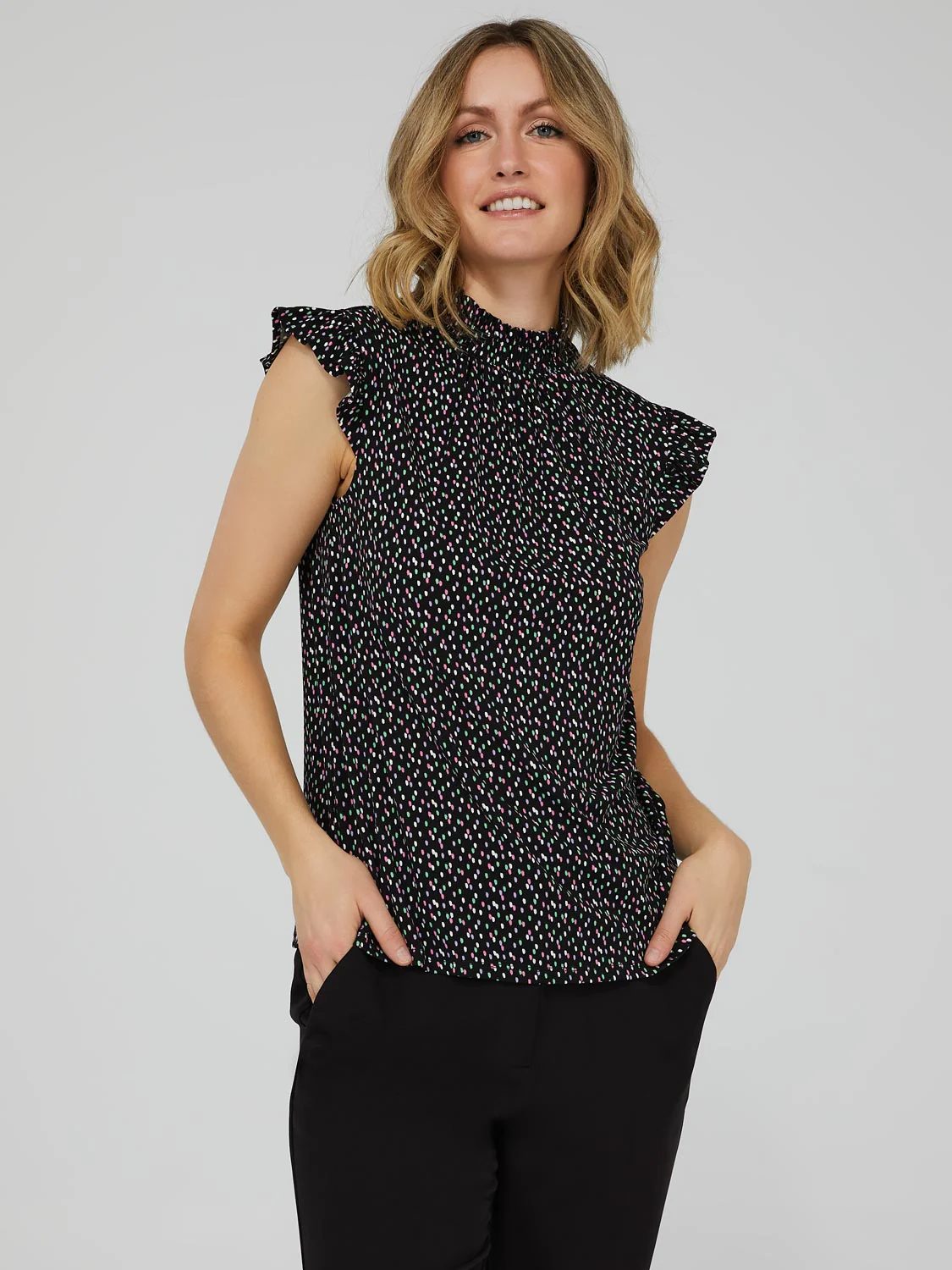 Printed Ruffle Cap Sleeve Mock Neck Top