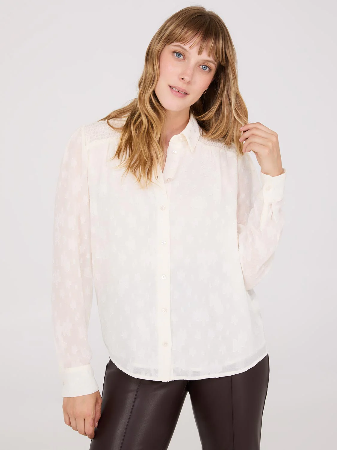 Chiffon Button-Front Blouse With Smocked Details