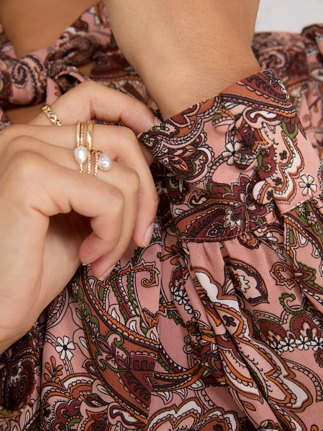 Paisley Print Button-Front Bow Blouse