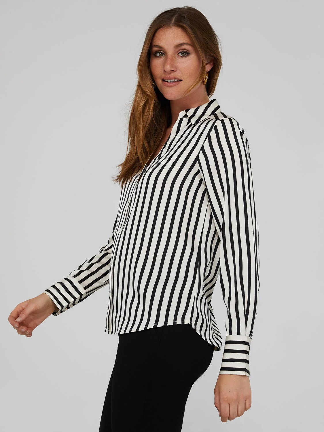 Striped Satin Split Neck Button-Front Blouse