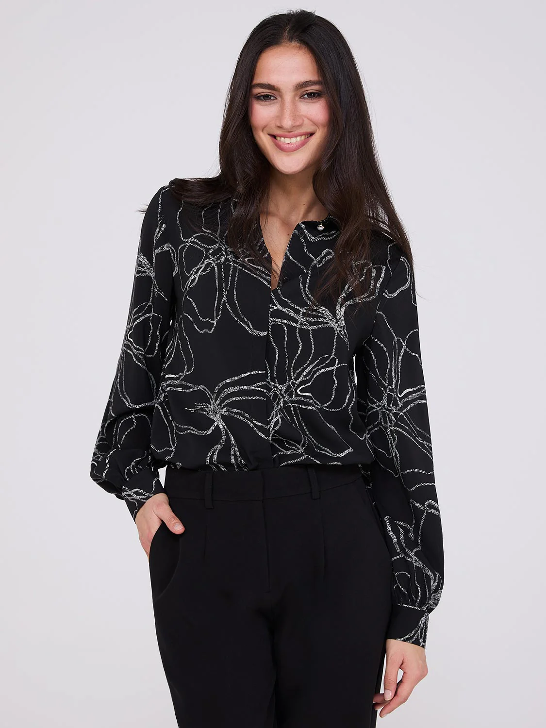 Silky Floral Print Button-Front Blouse