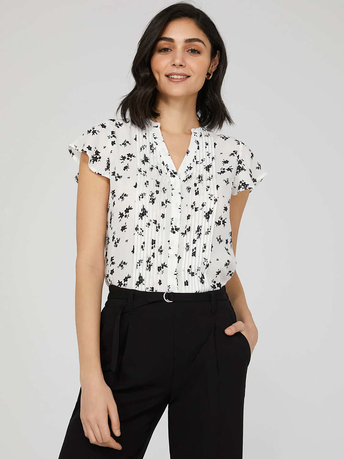 Printed Crepe Chiffon Blouse WIth Pintuck Detail