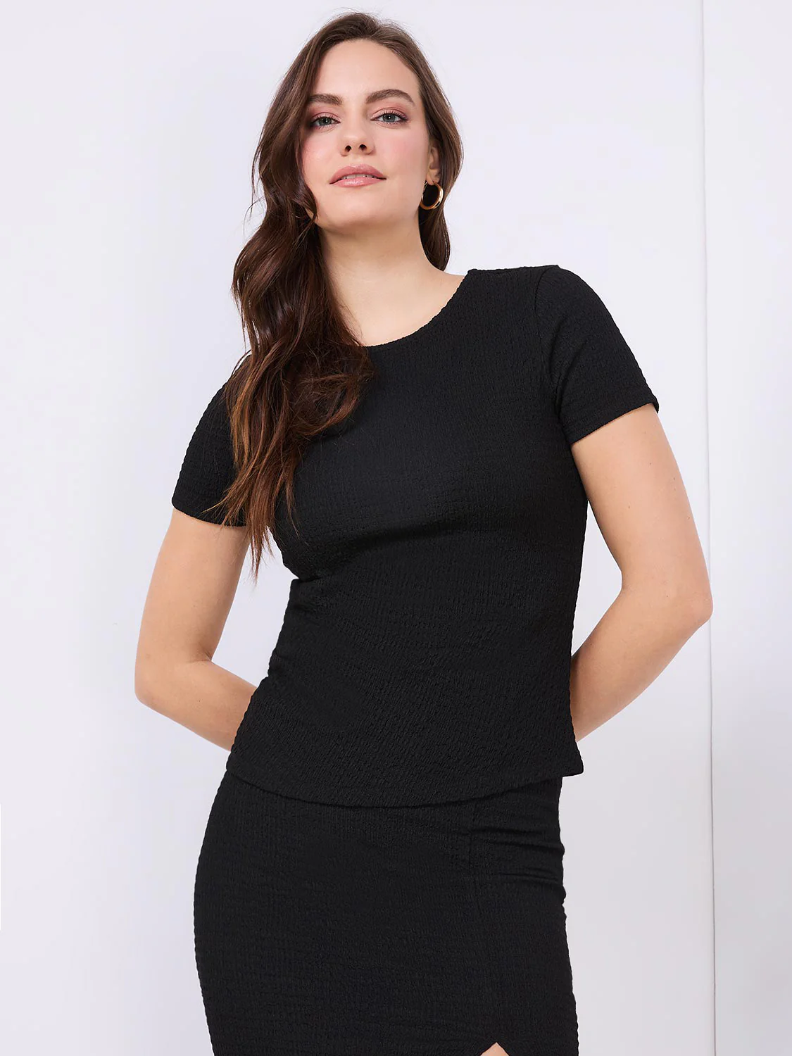 Textured Crew Neck Top With Pleat Details