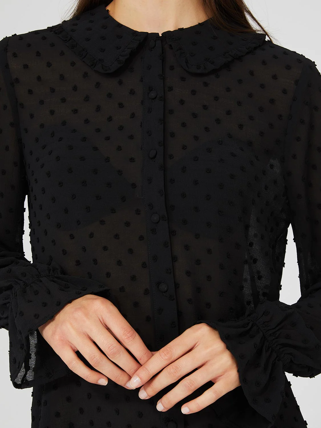 Textured Button-Front Ruffle Collar Blouse