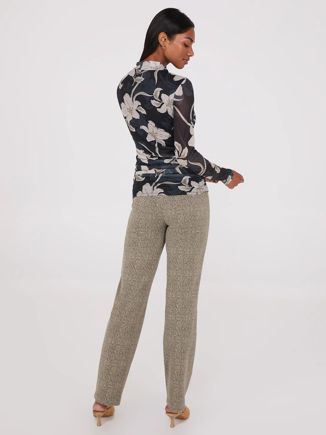 Floral Print Mock Neck Mesh Top