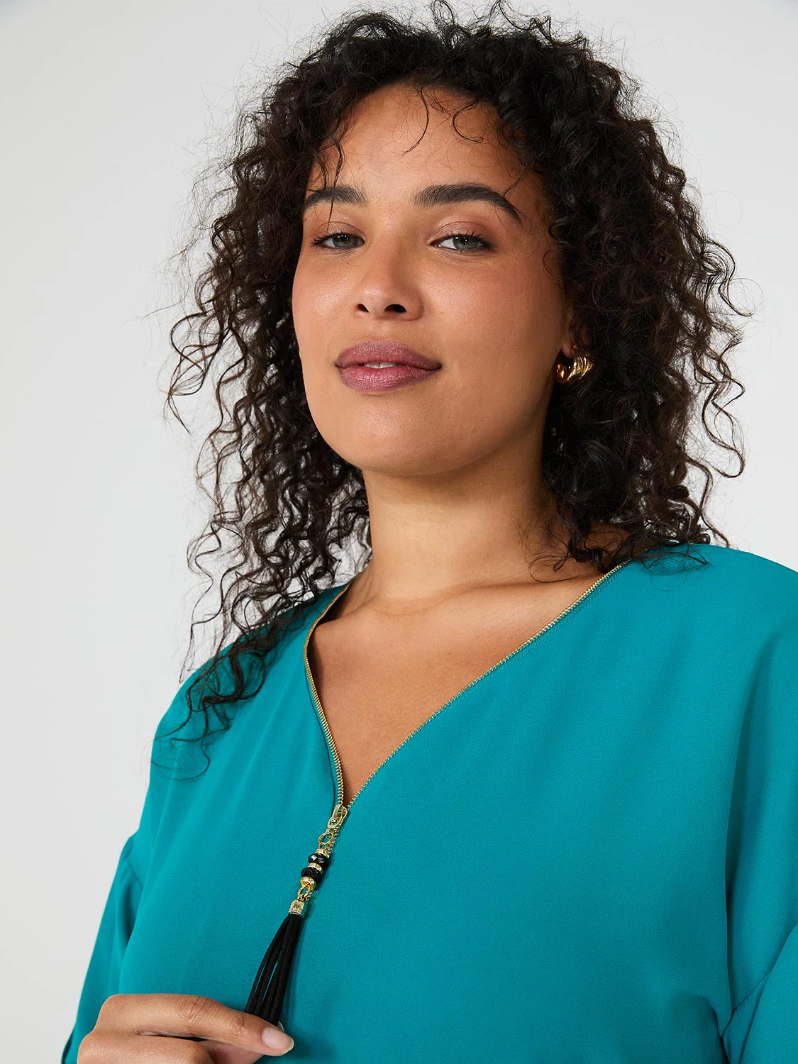 Print Zip Front V-Neck Top