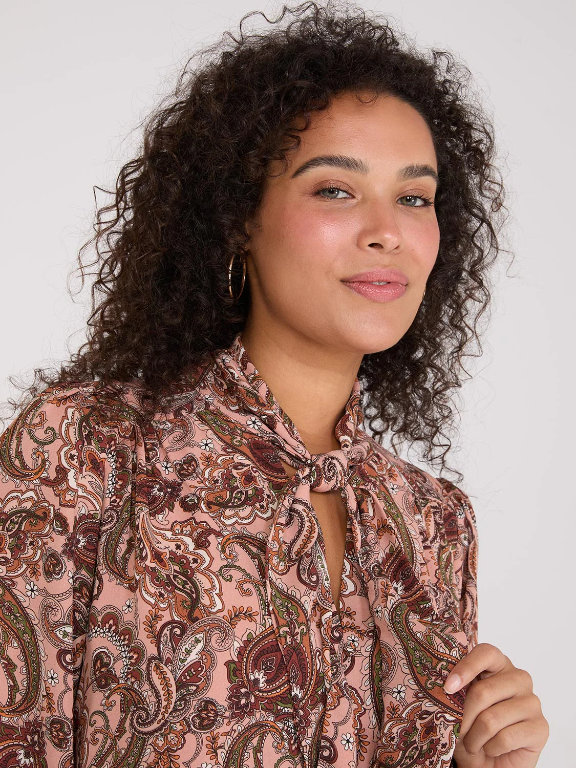 Paisley Print Button-Front Bow Blouse