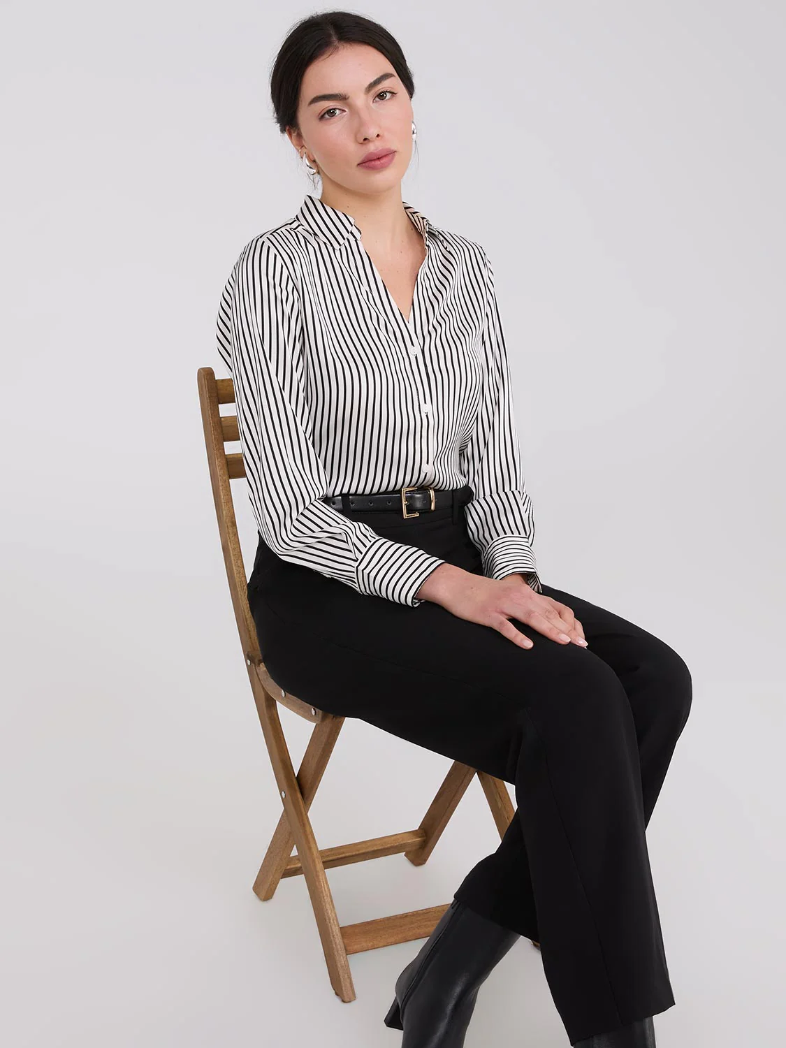 Striped Satin Notch Collar Blouse