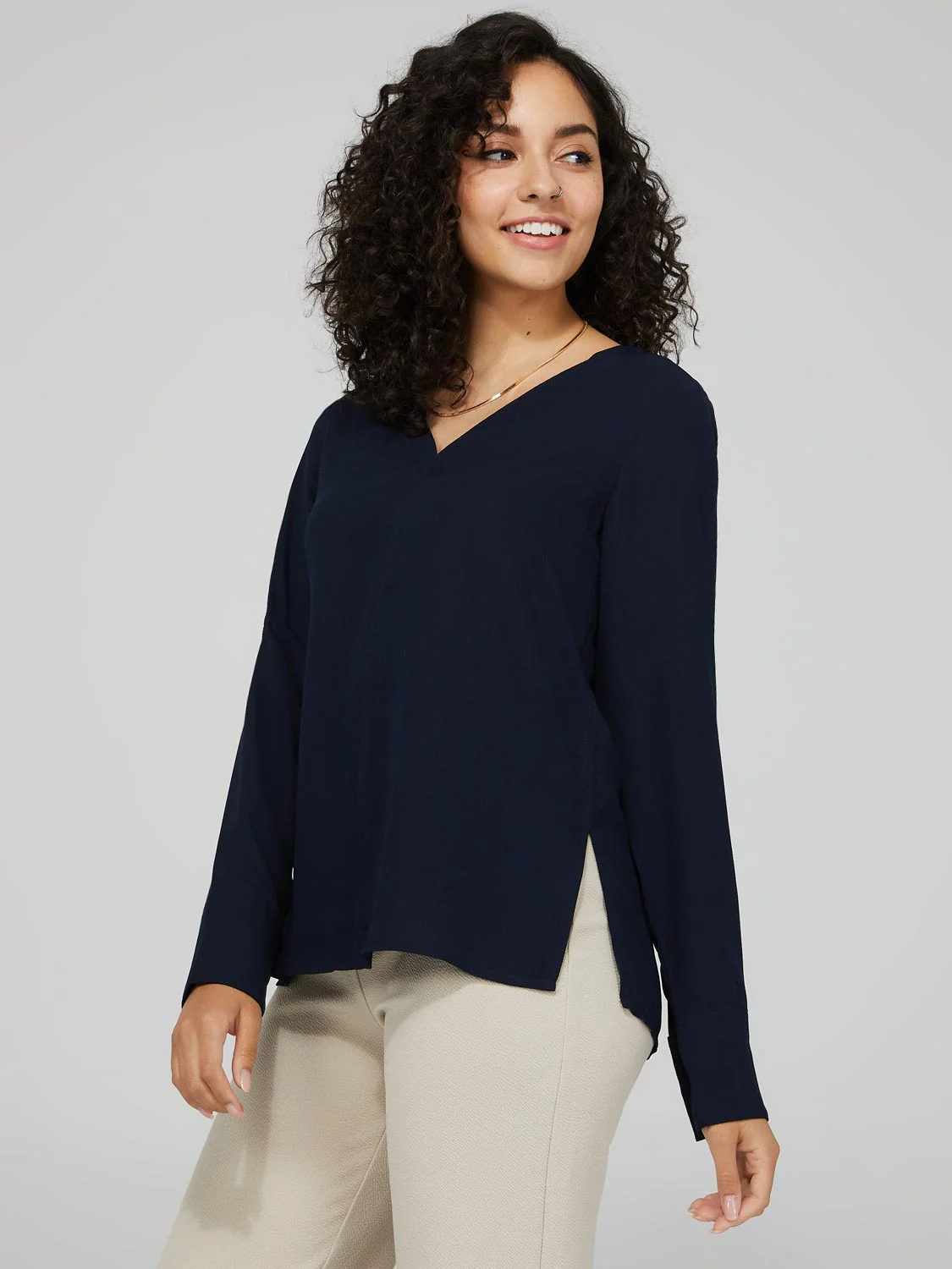 V-Neck Blouse With Cuffed Sleeves
