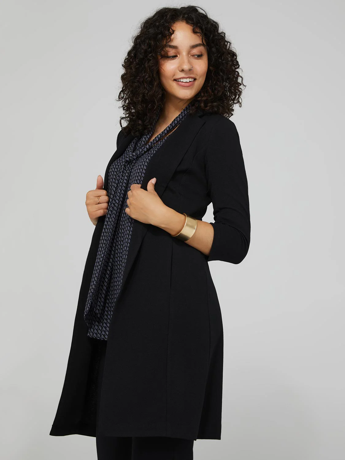 Long Blazer With 3/4 Ruched Sleeves