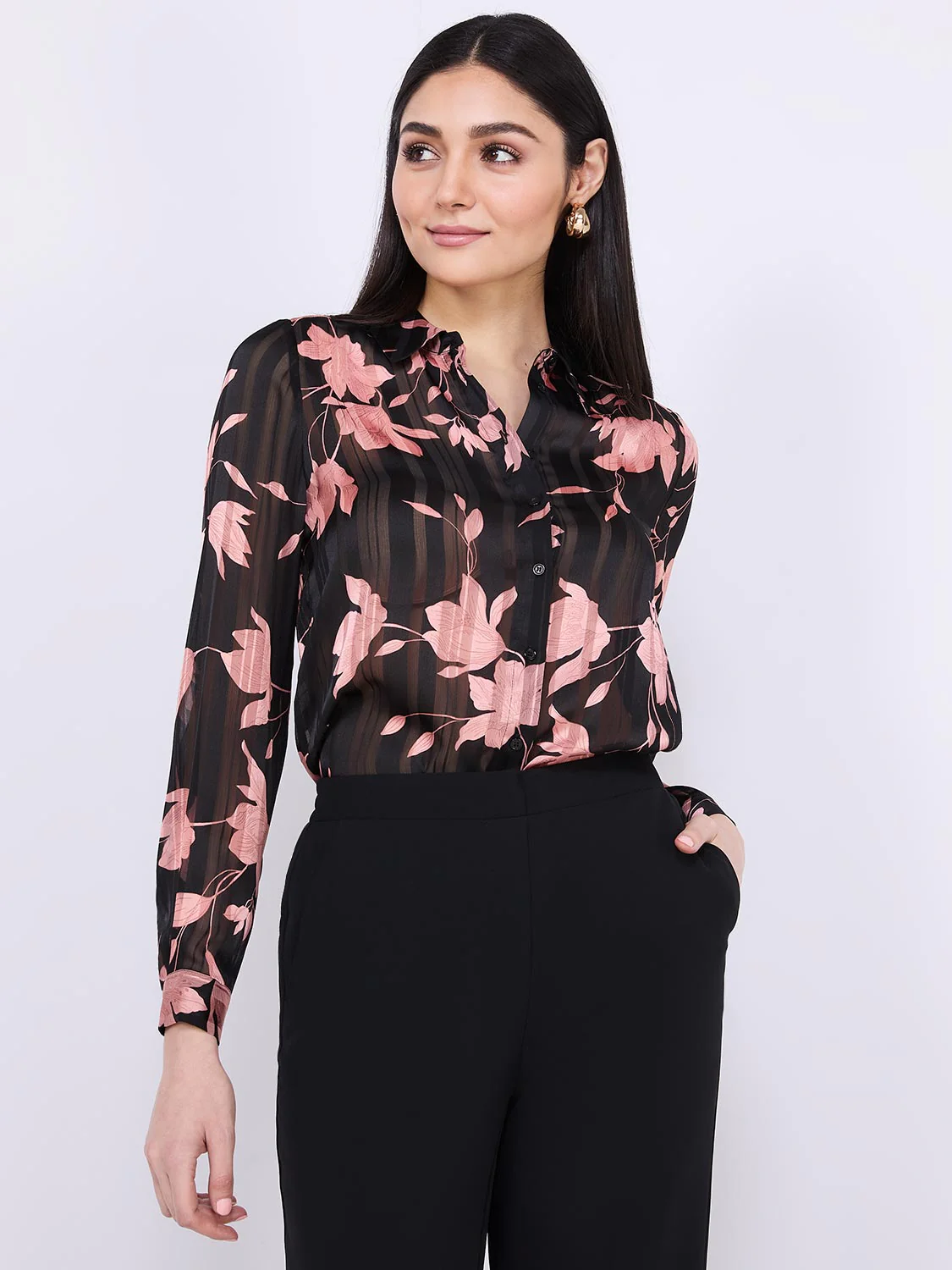 Floral Print Shadow Stripe Button-Front Blouse
