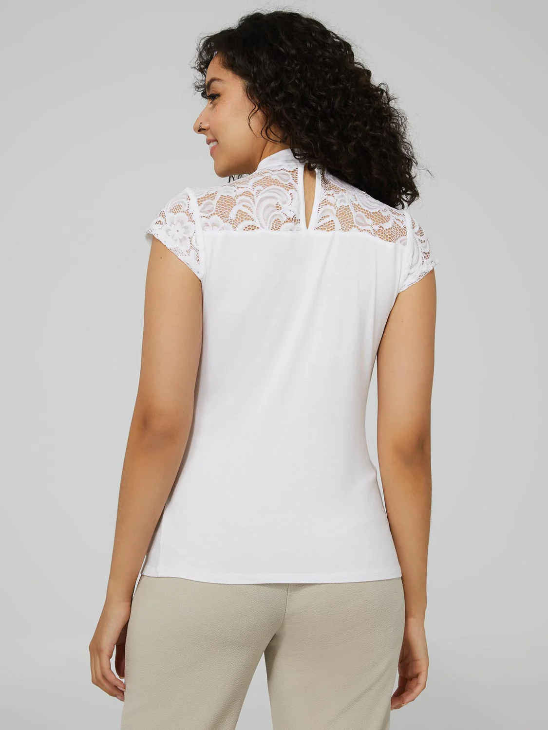 Keyhole Mock Neck Top With Lace Detail