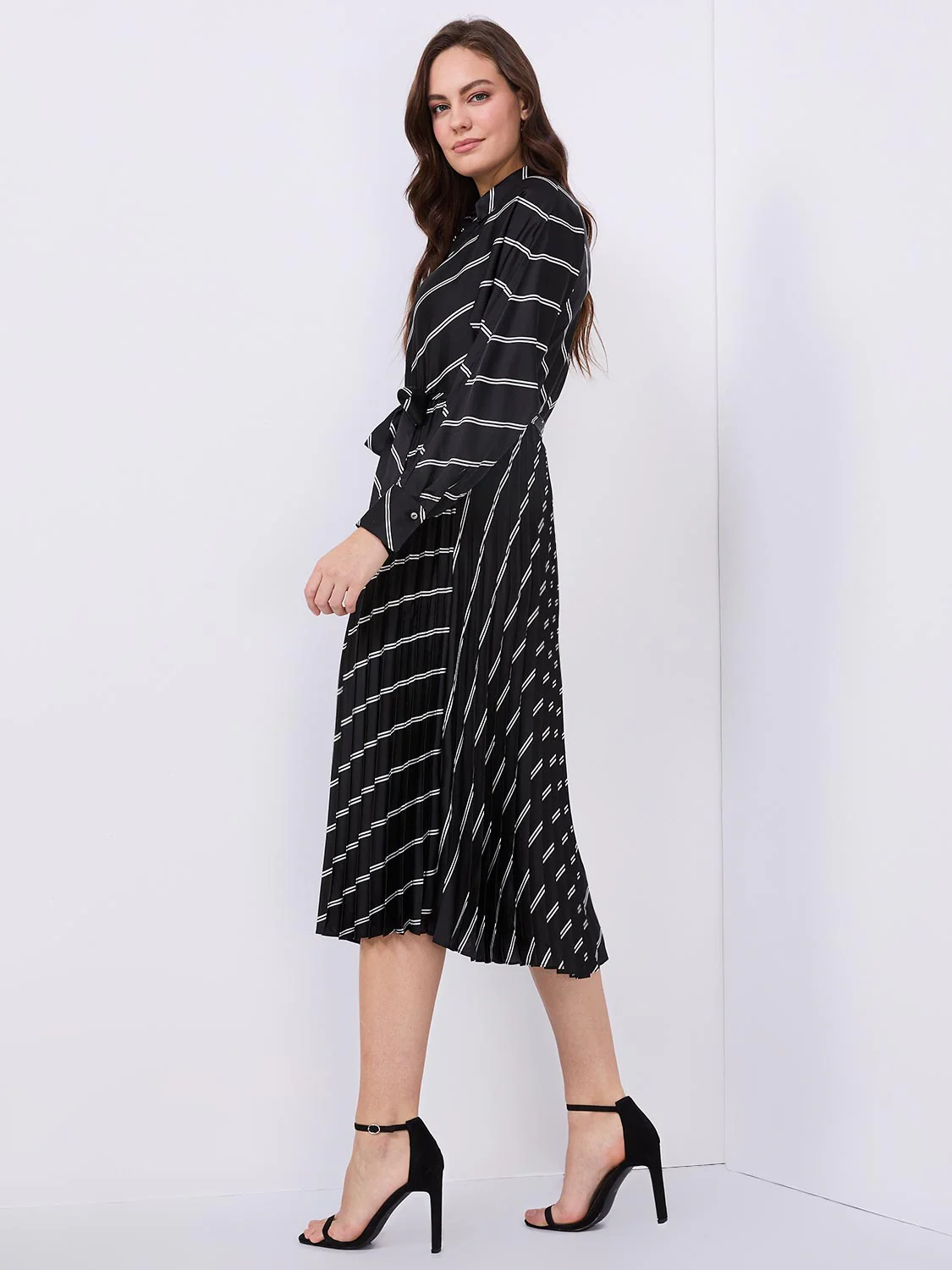 Striped Satin Button-Front Midi Dress