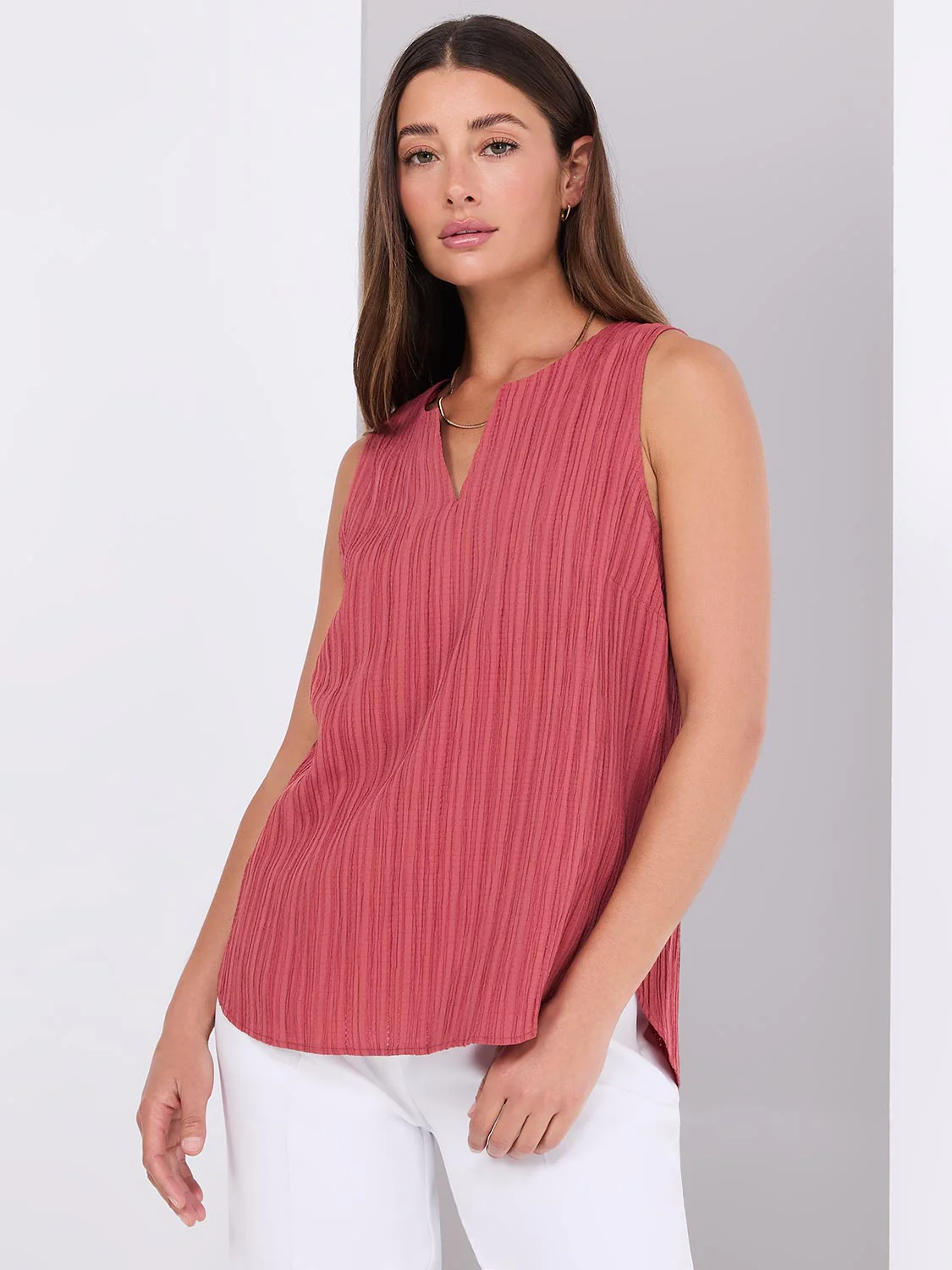 Sleeveless Textured Split Neck Top