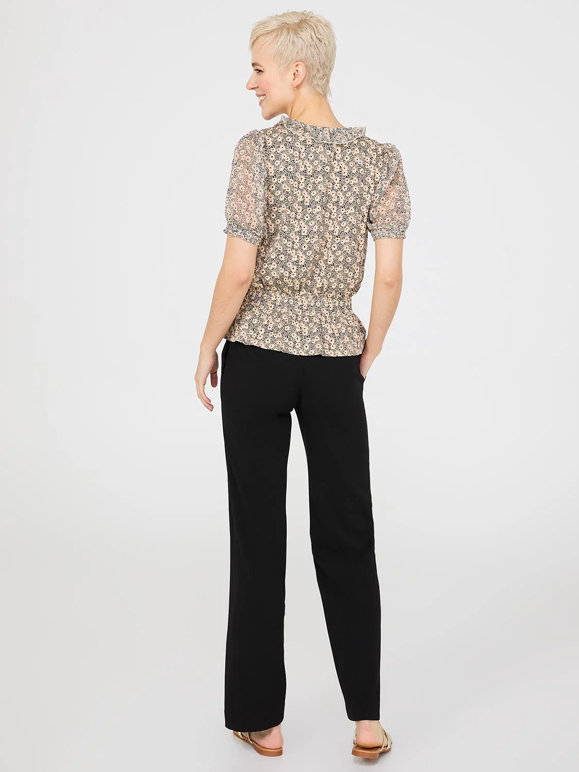 Printed Textured V-Neck Top With Smocked Bottom Band