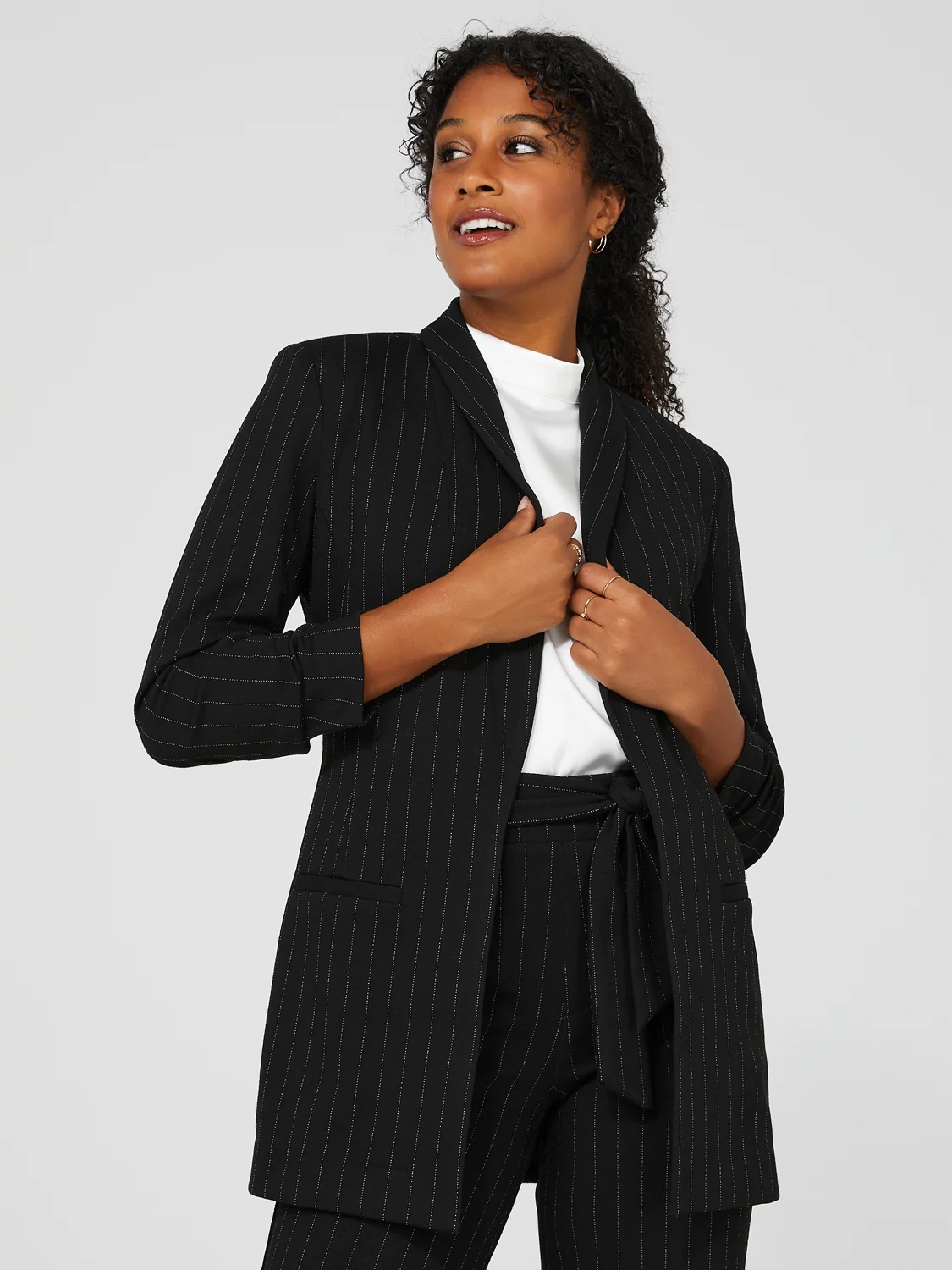 Pinstripe Crepe Open Blazer