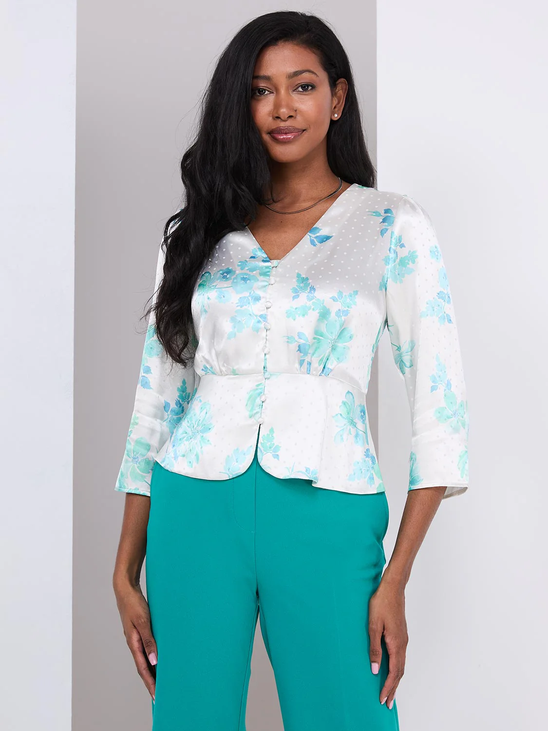 Floral Print Satin Button-Front Peplum Blouse