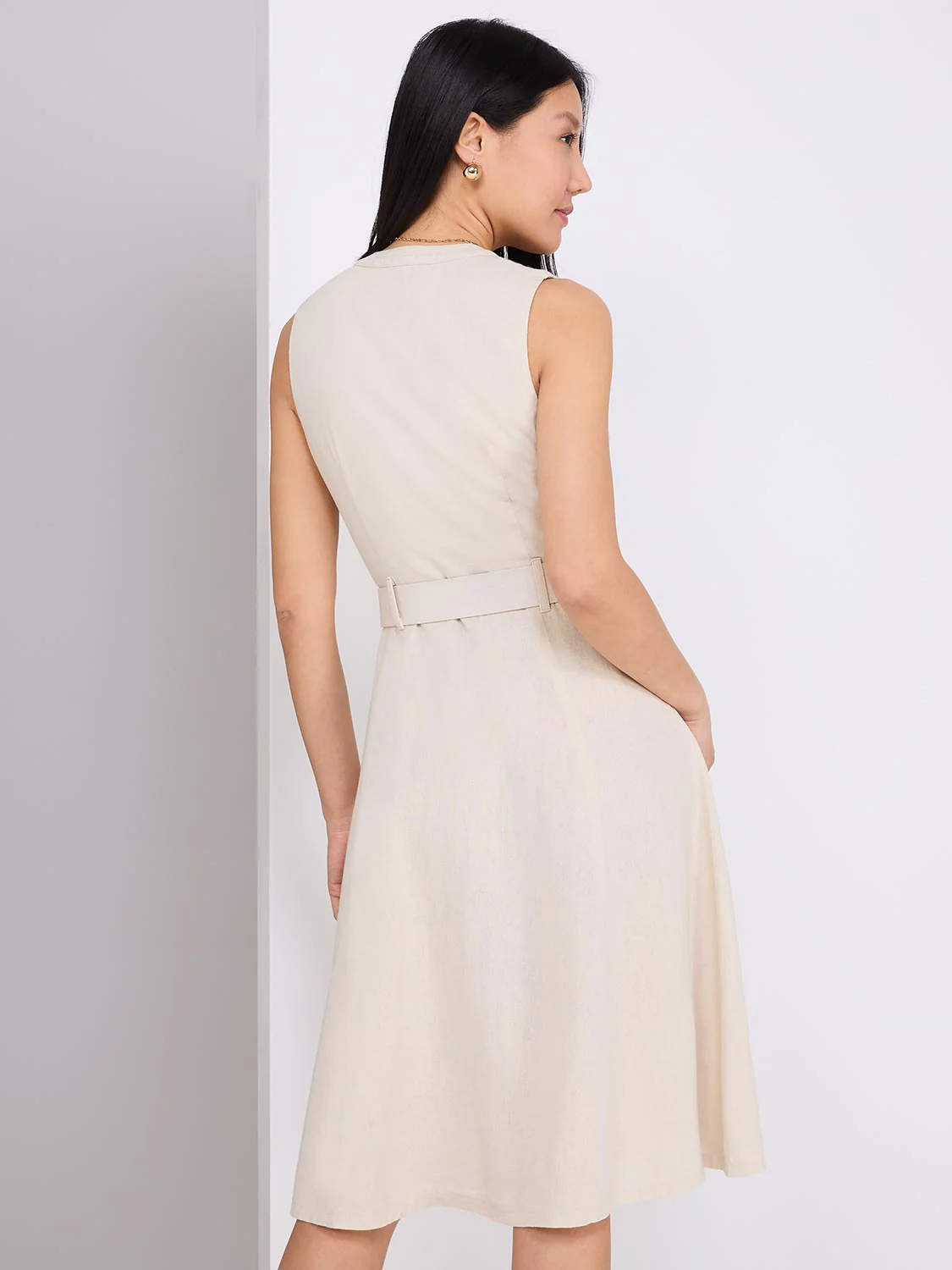 Linen Split Neck Belted Fit & Flare Dress