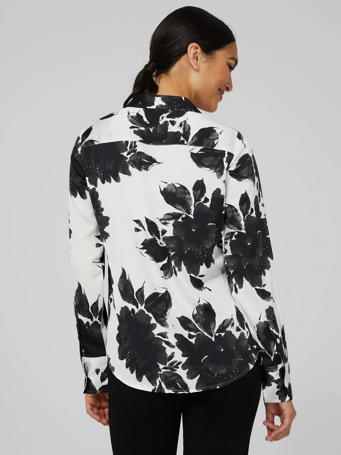 Printed Satin Split Neck Button-Front Blouse