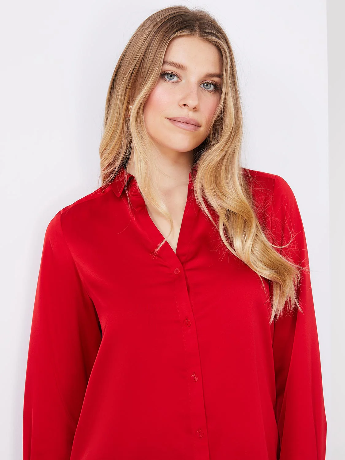 Satin Split Neck Button-Front Blouse