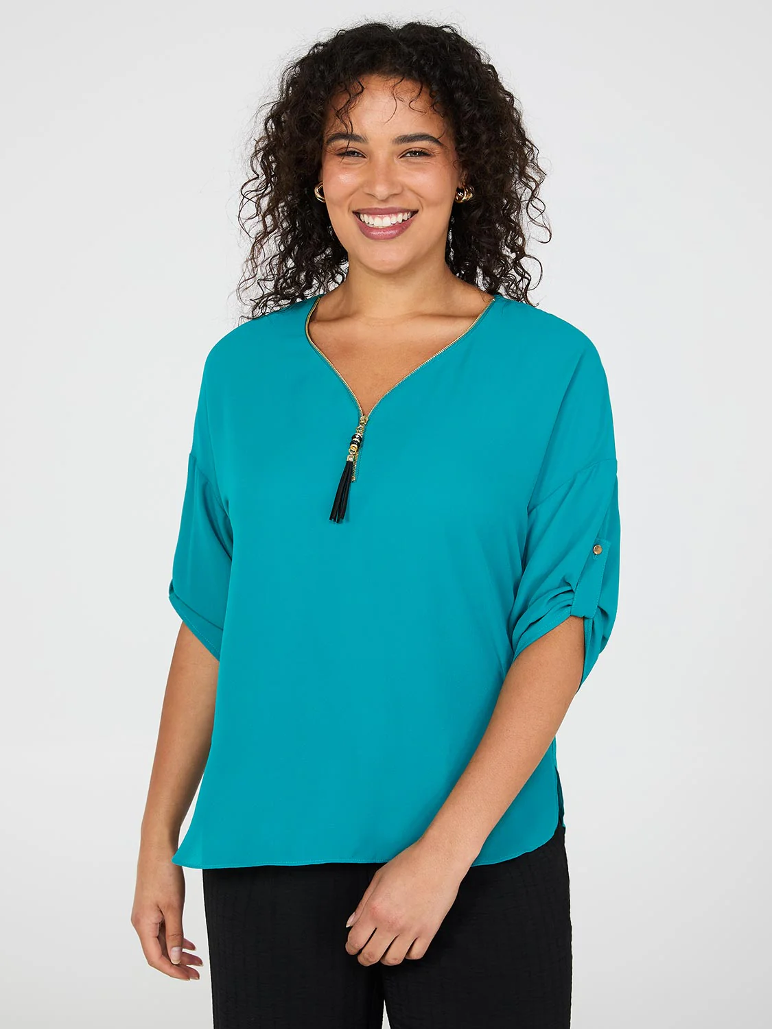 Print Zip Front V-Neck Top
