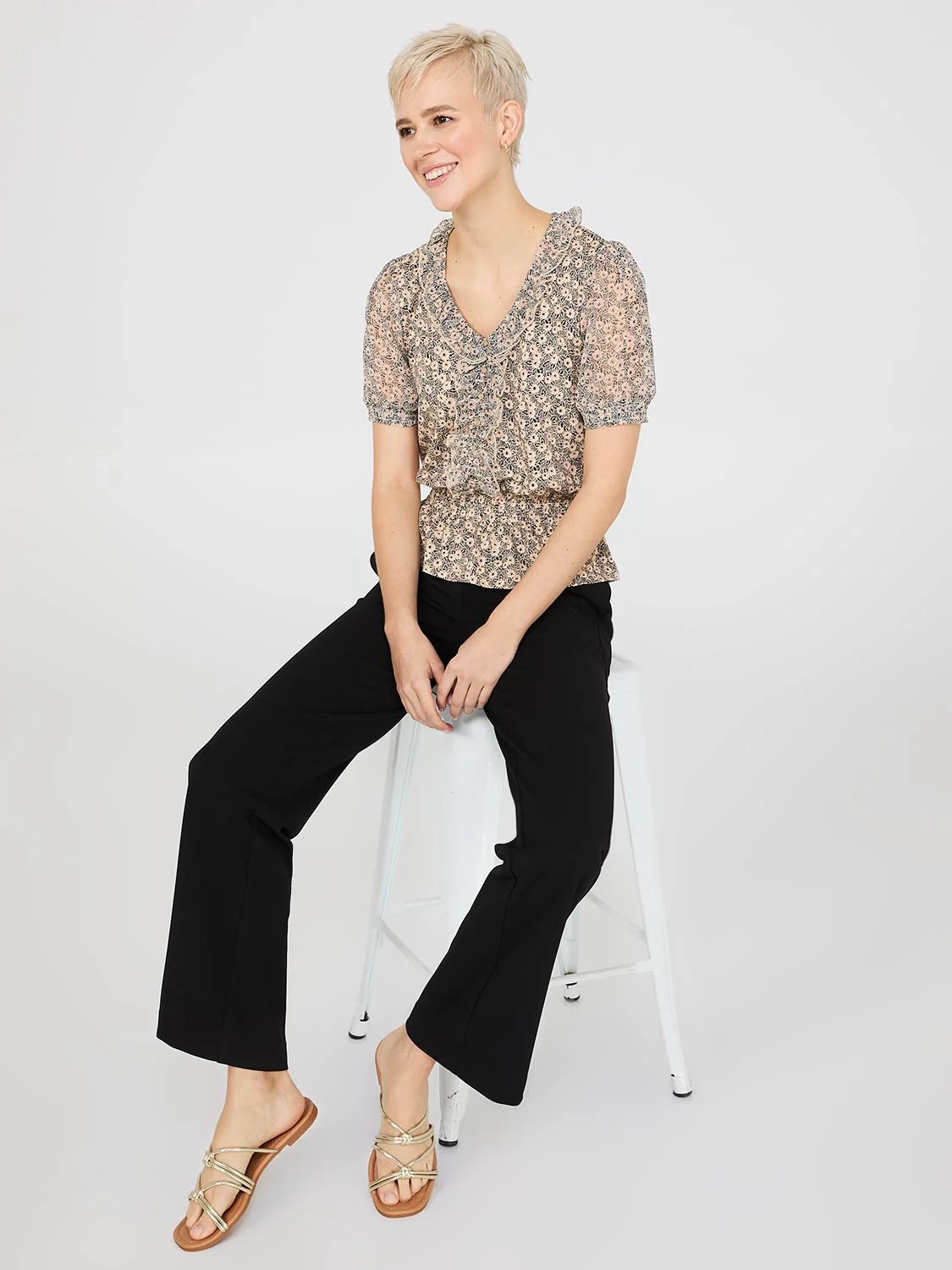 Printed Textured V-Neck Top With Smocked Bottom Band