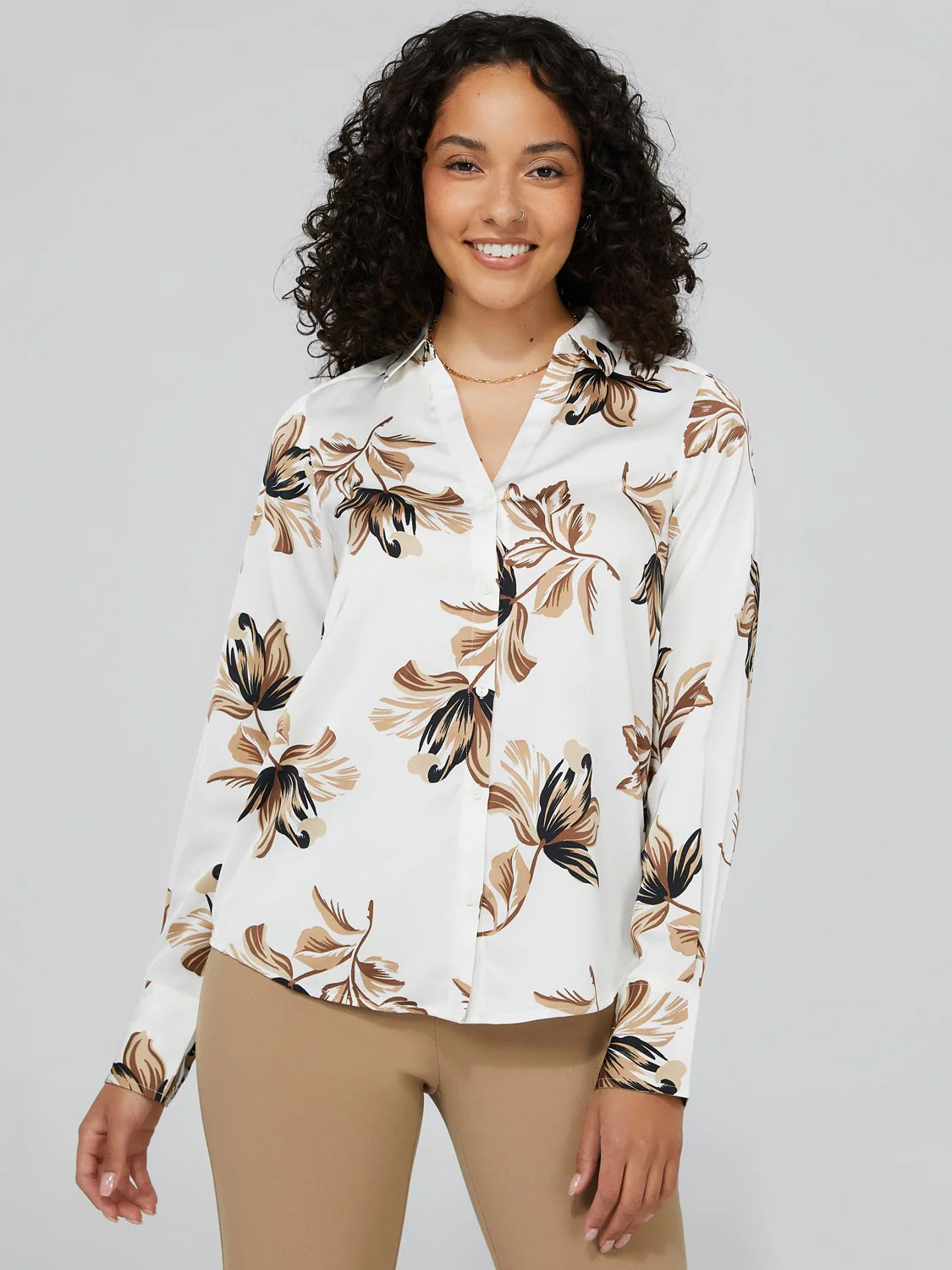 Floral Print Satin Split Neck Button-Front Blouse