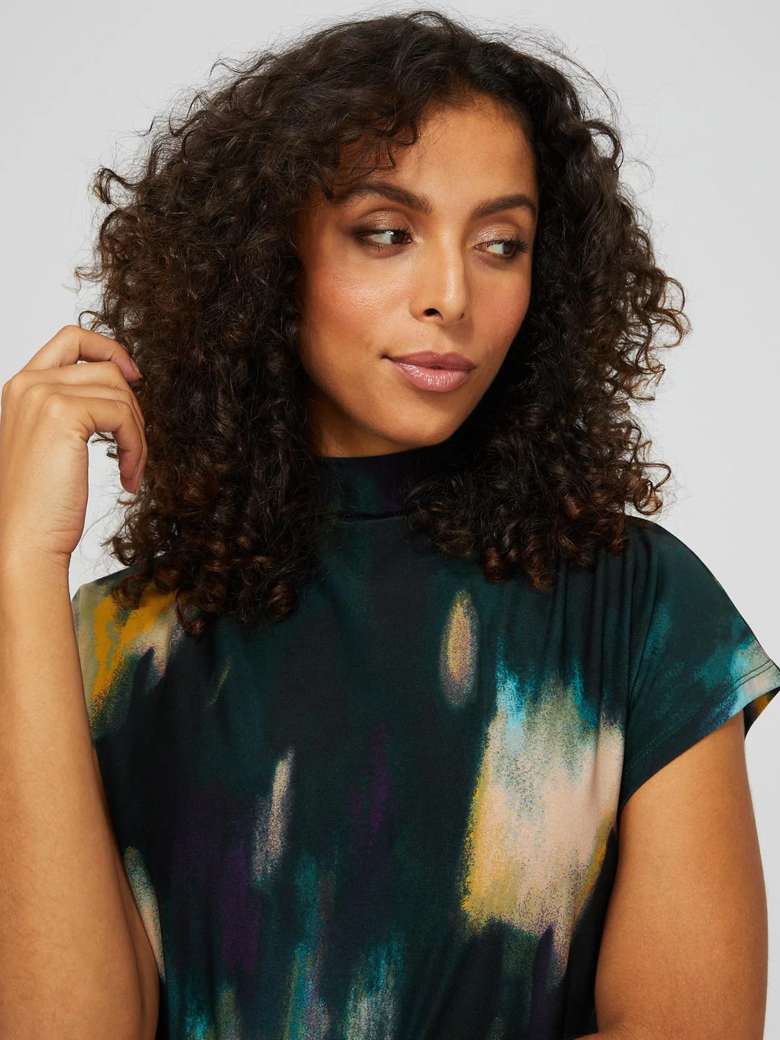 Short Dolman Sleeve Printed Funnel Neck Top