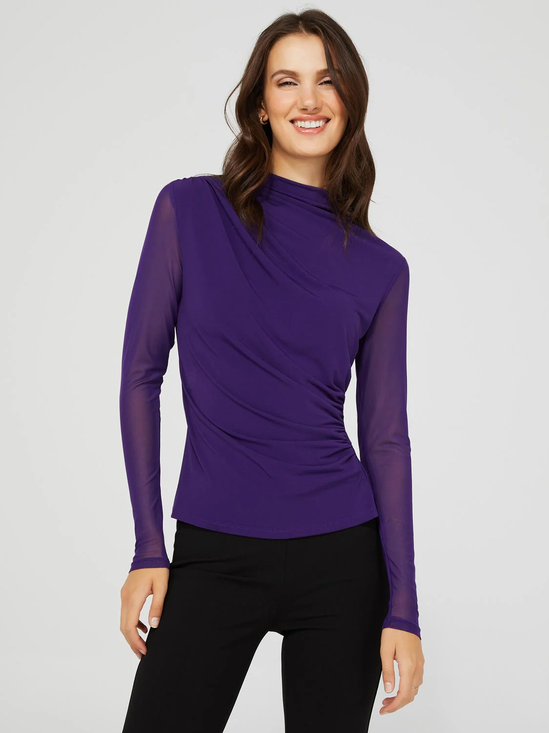 Mock Neck Ruched Jersey Top With Mesh Long Sleeves