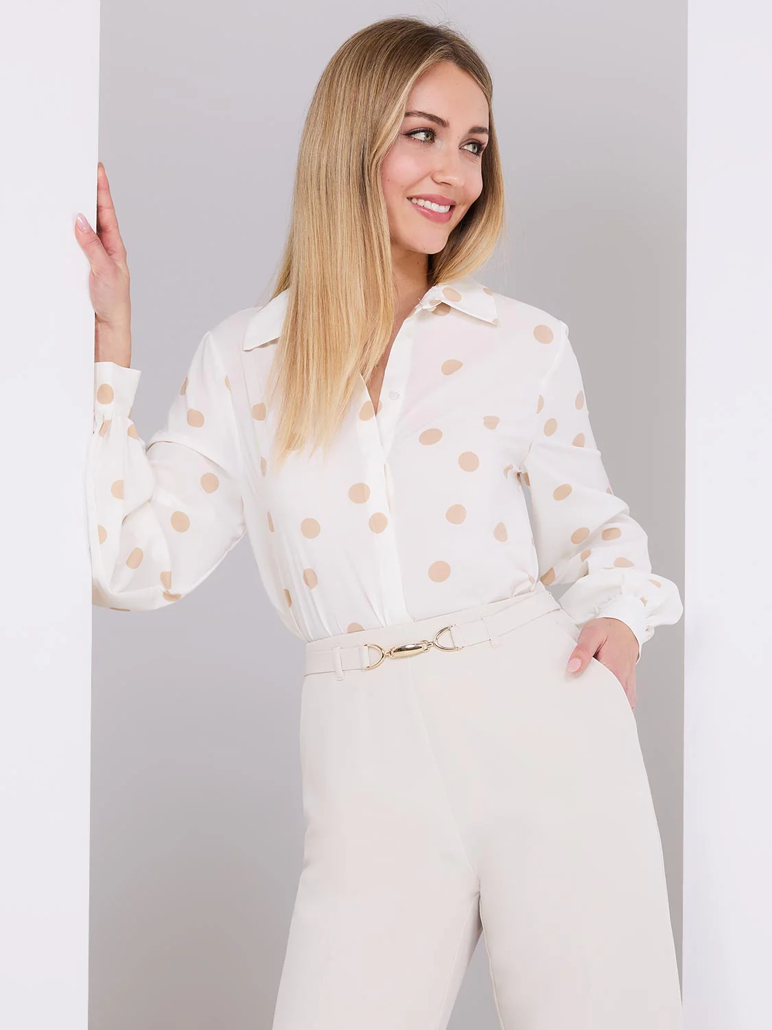 Silky Polka Dot Button-Front Blouse
