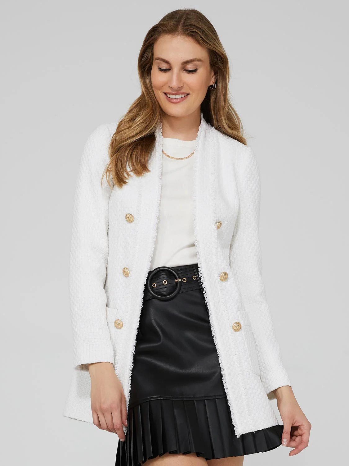 Long Open Boucle Blazer With Fringe Lapels