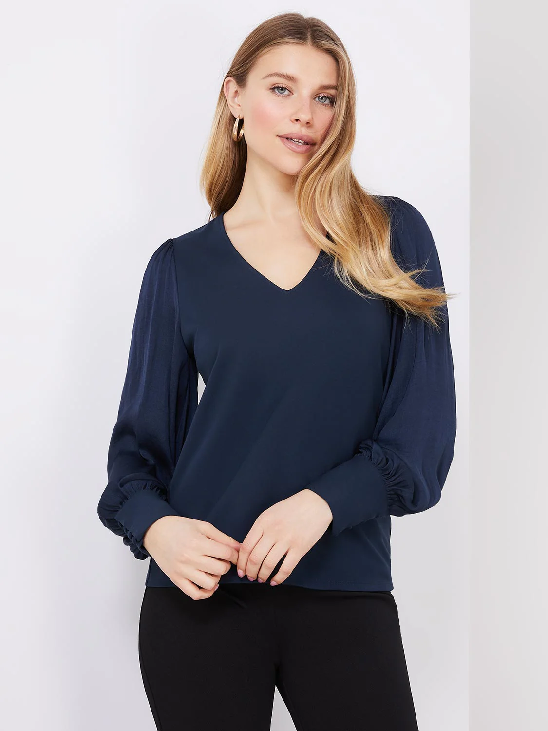 V-Neck Top With Chiffon Balloon Sleeves