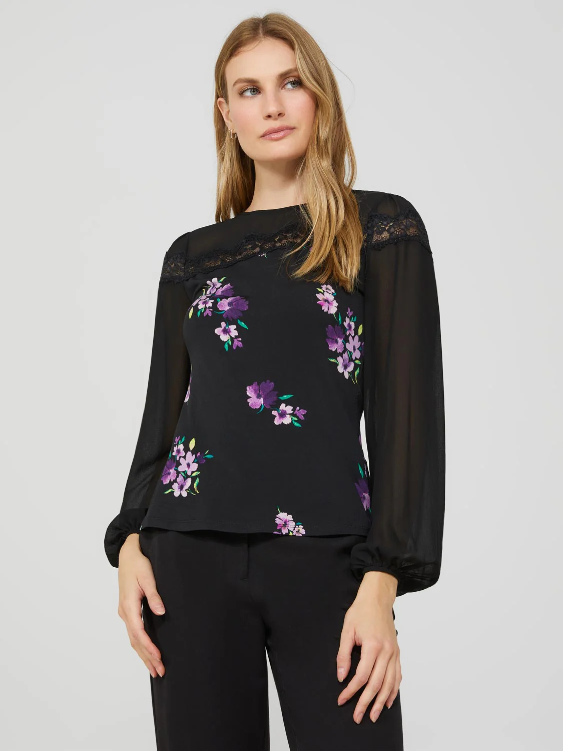 Long Balloon Sleeve Ditsy Floral Crew Neck Top