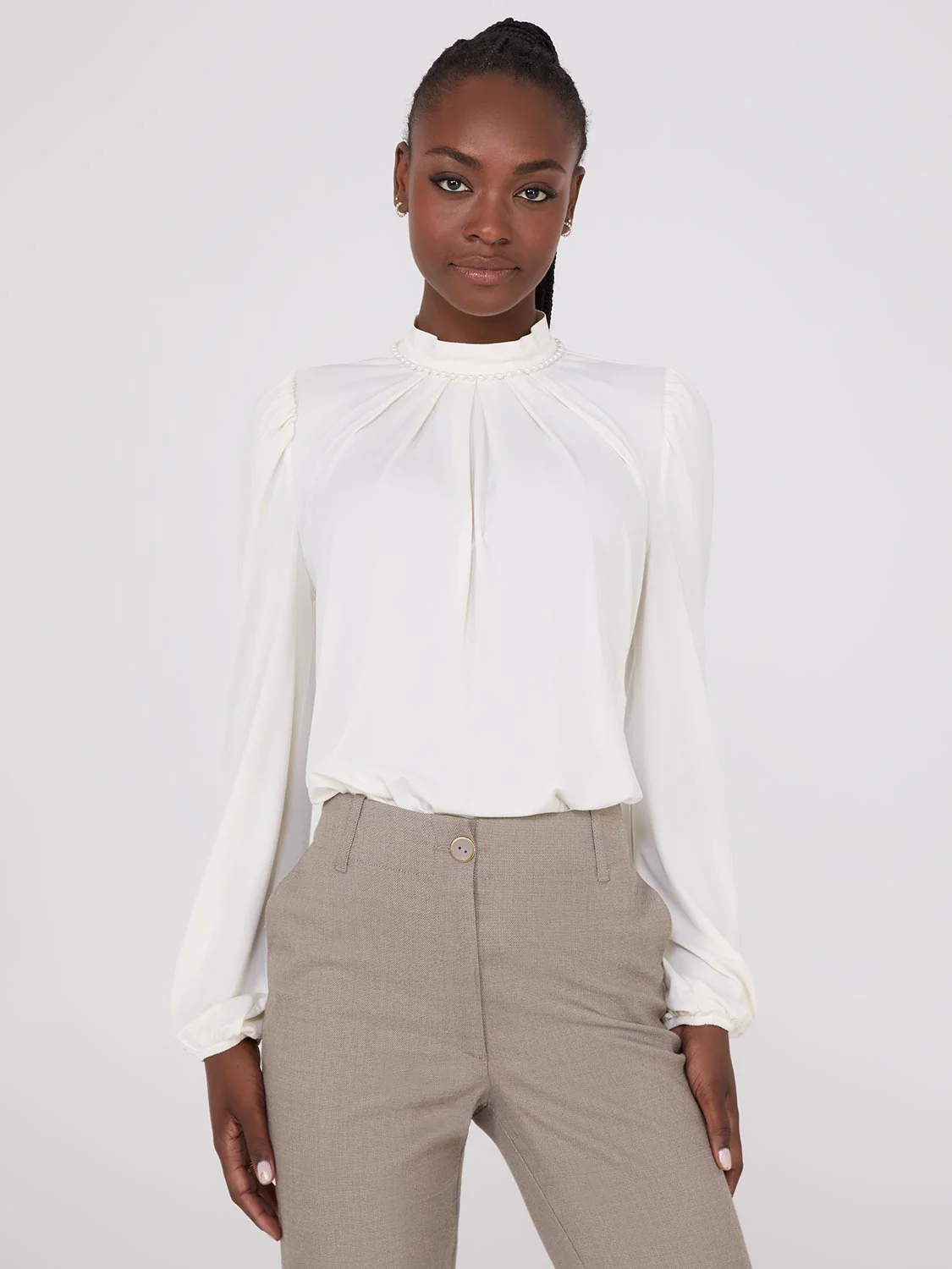 Textured Mock Neck Top With Pearl Details