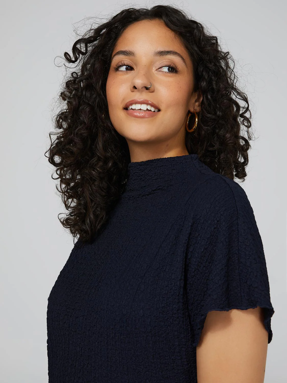 Textured Funnel Neck Short Sleeve Top