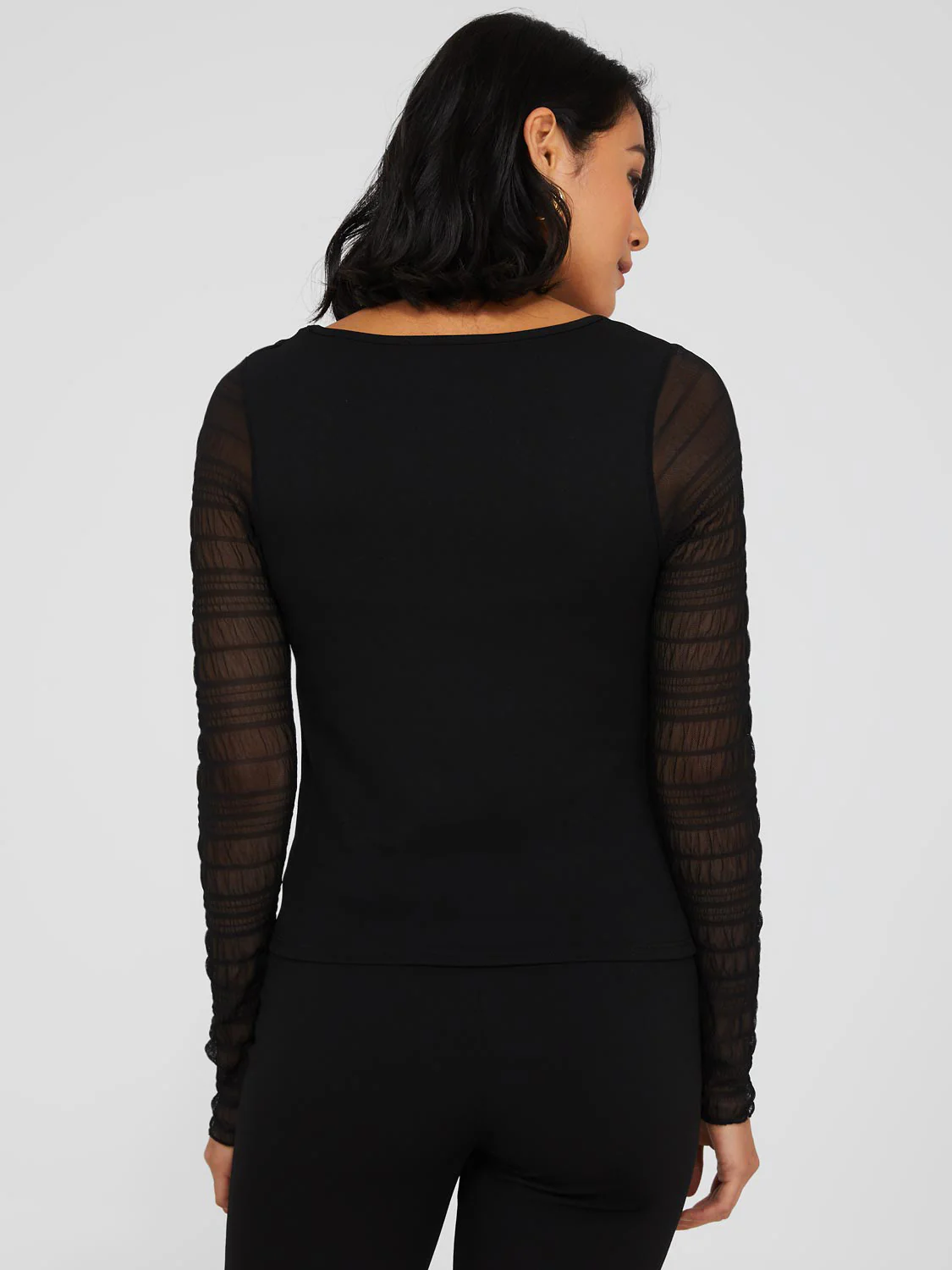 Textured Crepe Scoop Neck Top With Smocked Mesh Sleeves