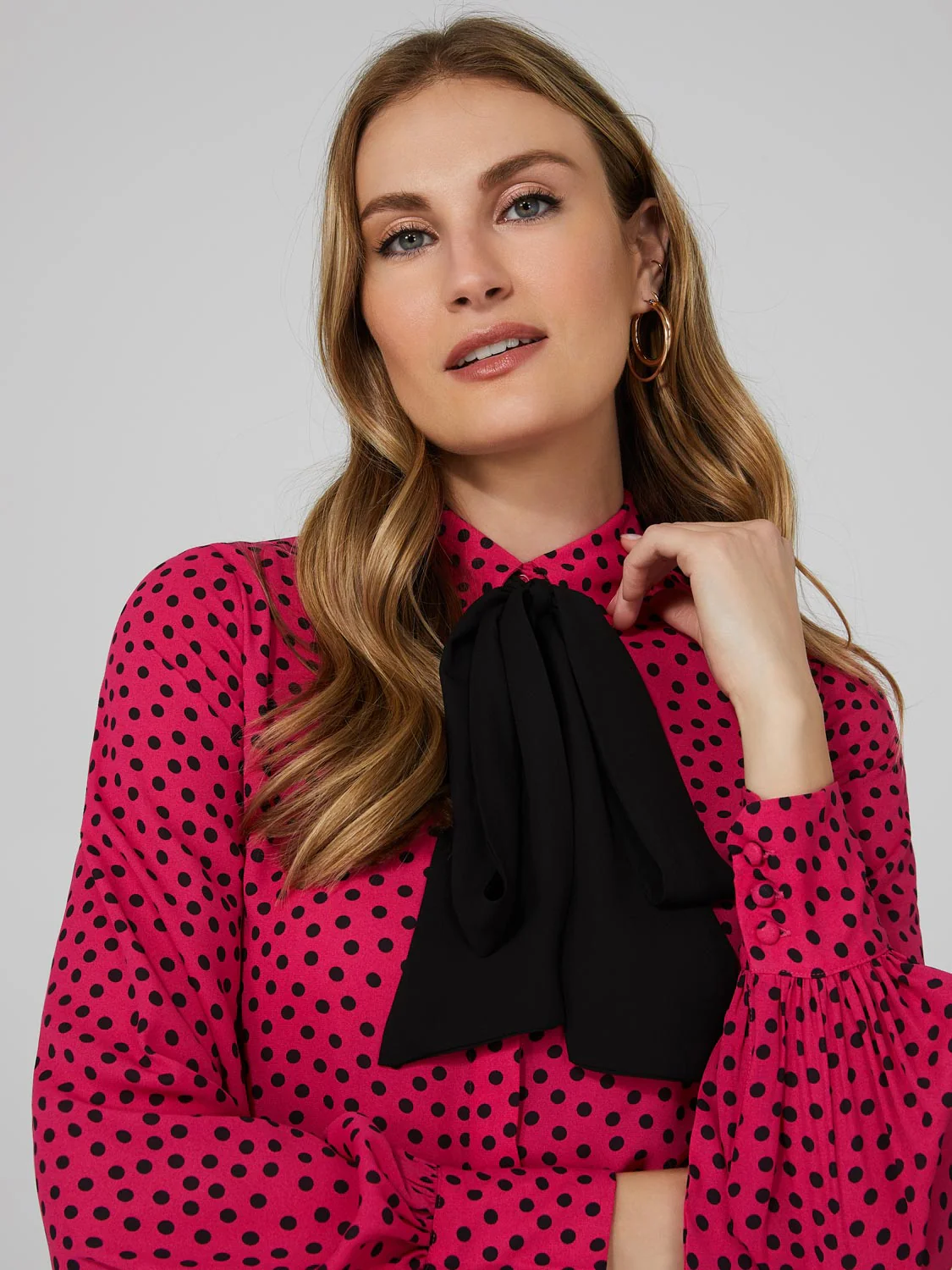 Polka Dot Crepe Chiffon Bow Blouse