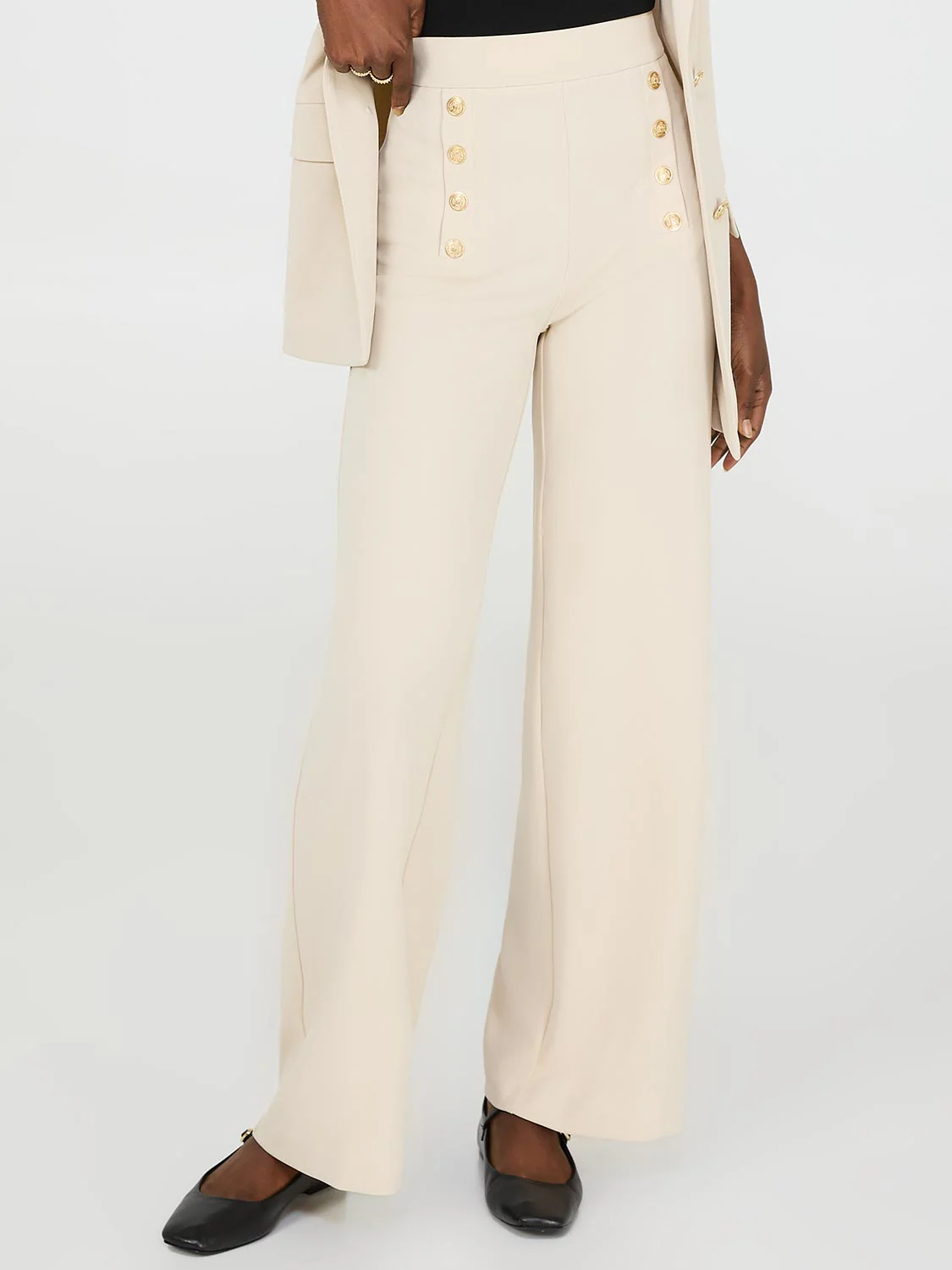 Wide-Leg Ankle Length Pants With Gold Button Details