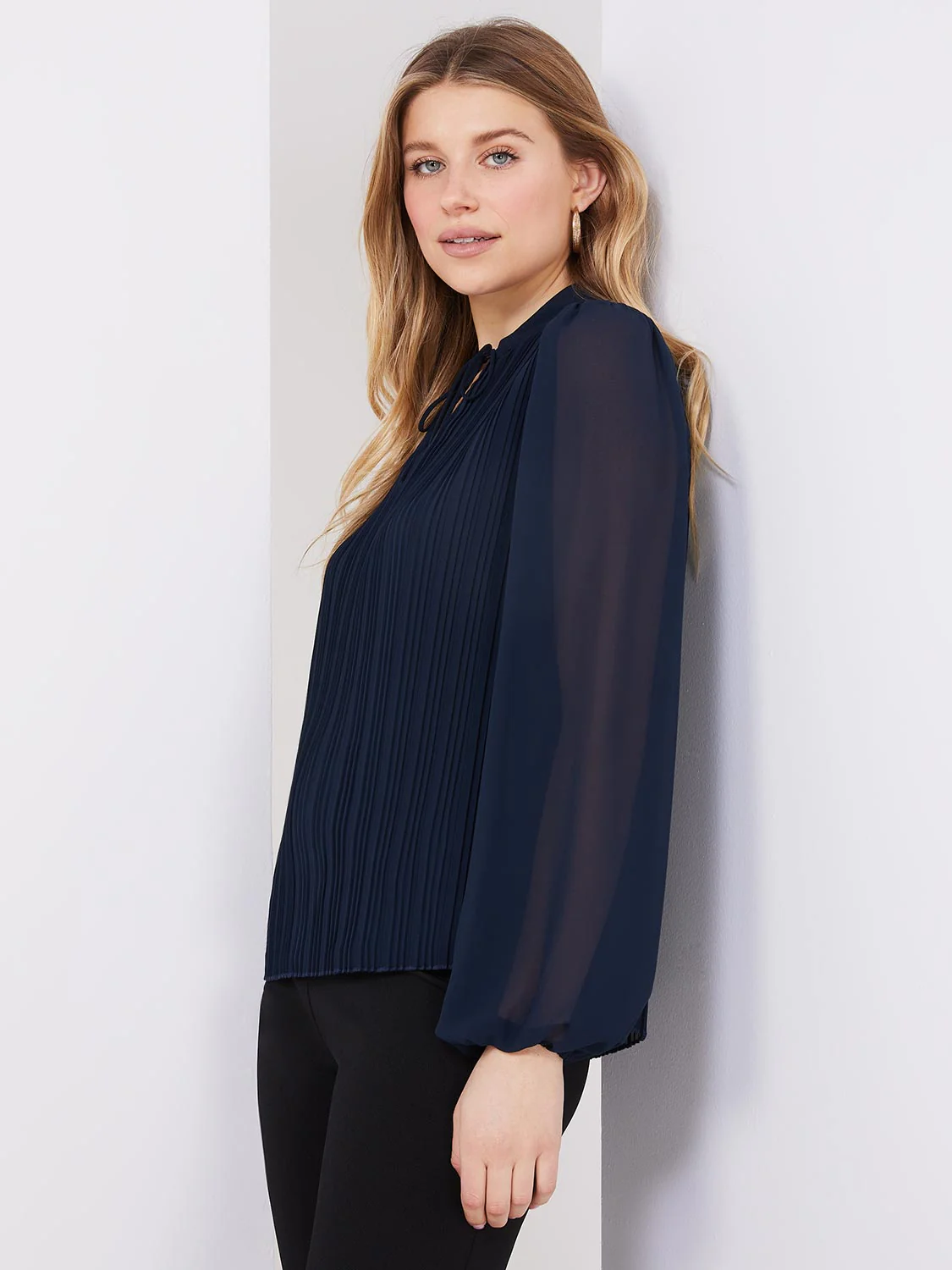 Pleated Chiffon Split Neck Popover Blouse