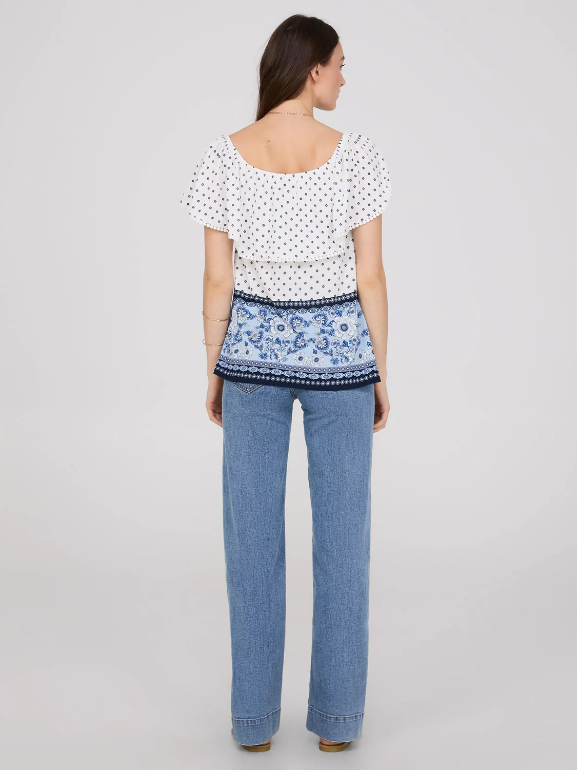Off-The-Shoulder Textured Top With Border Print