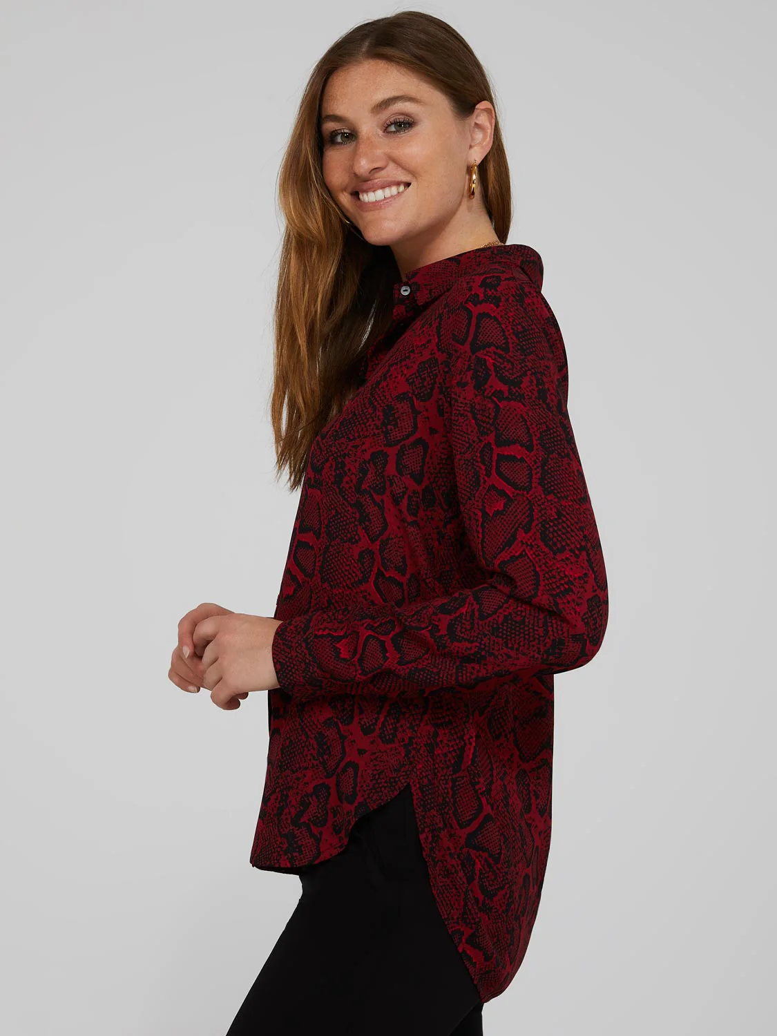Snakeskin Print Crepe Long Sleeve Button-Front Blouse